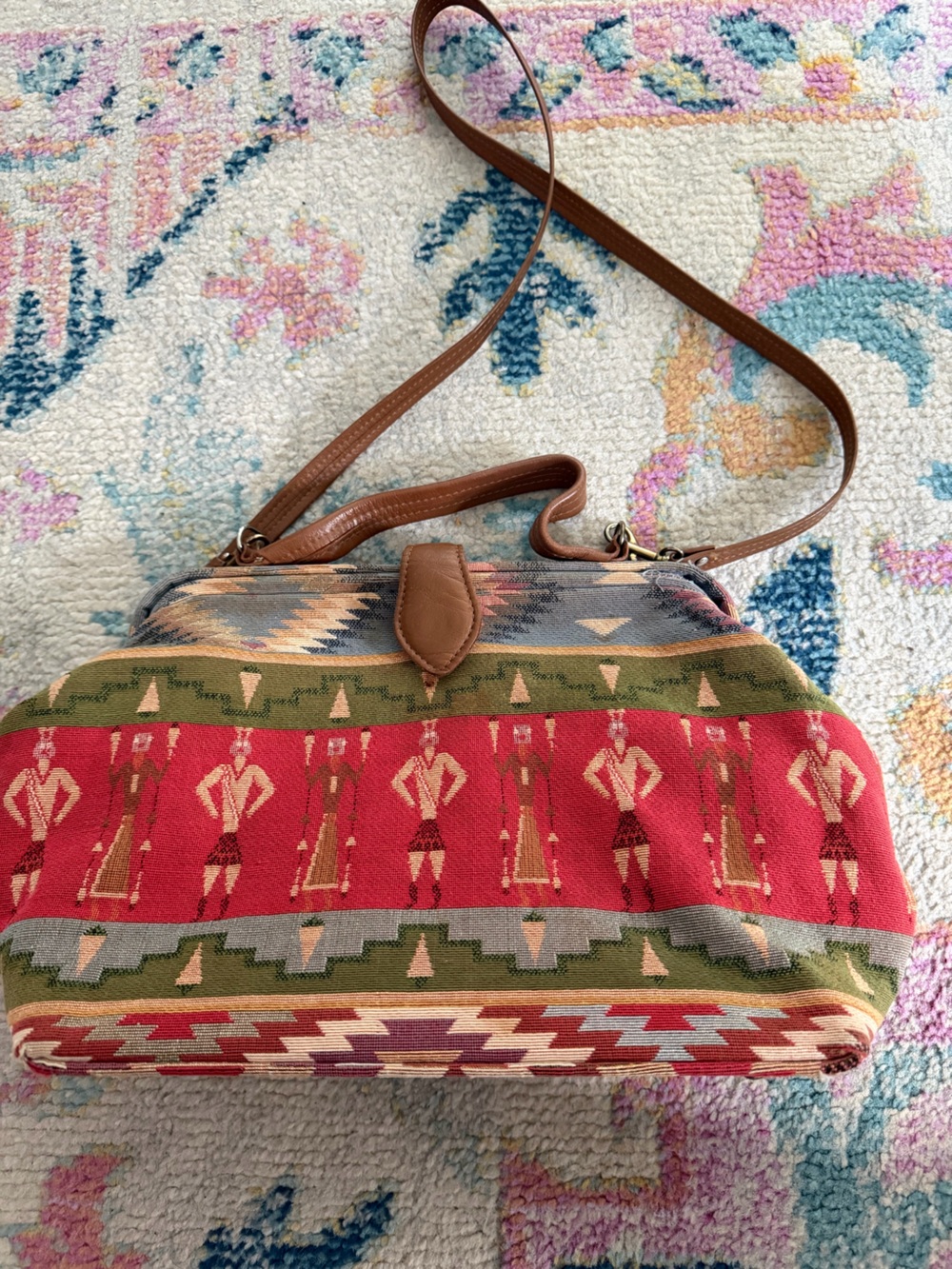Boho Patterned Shoulder Bag in Red, Olive & Tan